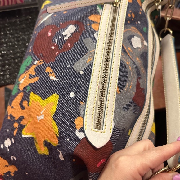 Dooney And Bourke  rare rare denim splash with white leather trim, gold hardware - Picture 10 of 16